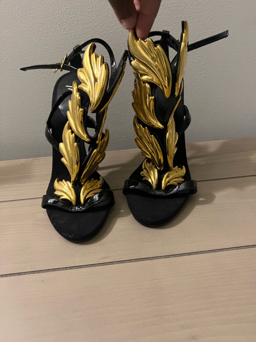 Giuseppe Zanotti Black Sandal Heels with Gold Leaf Accents